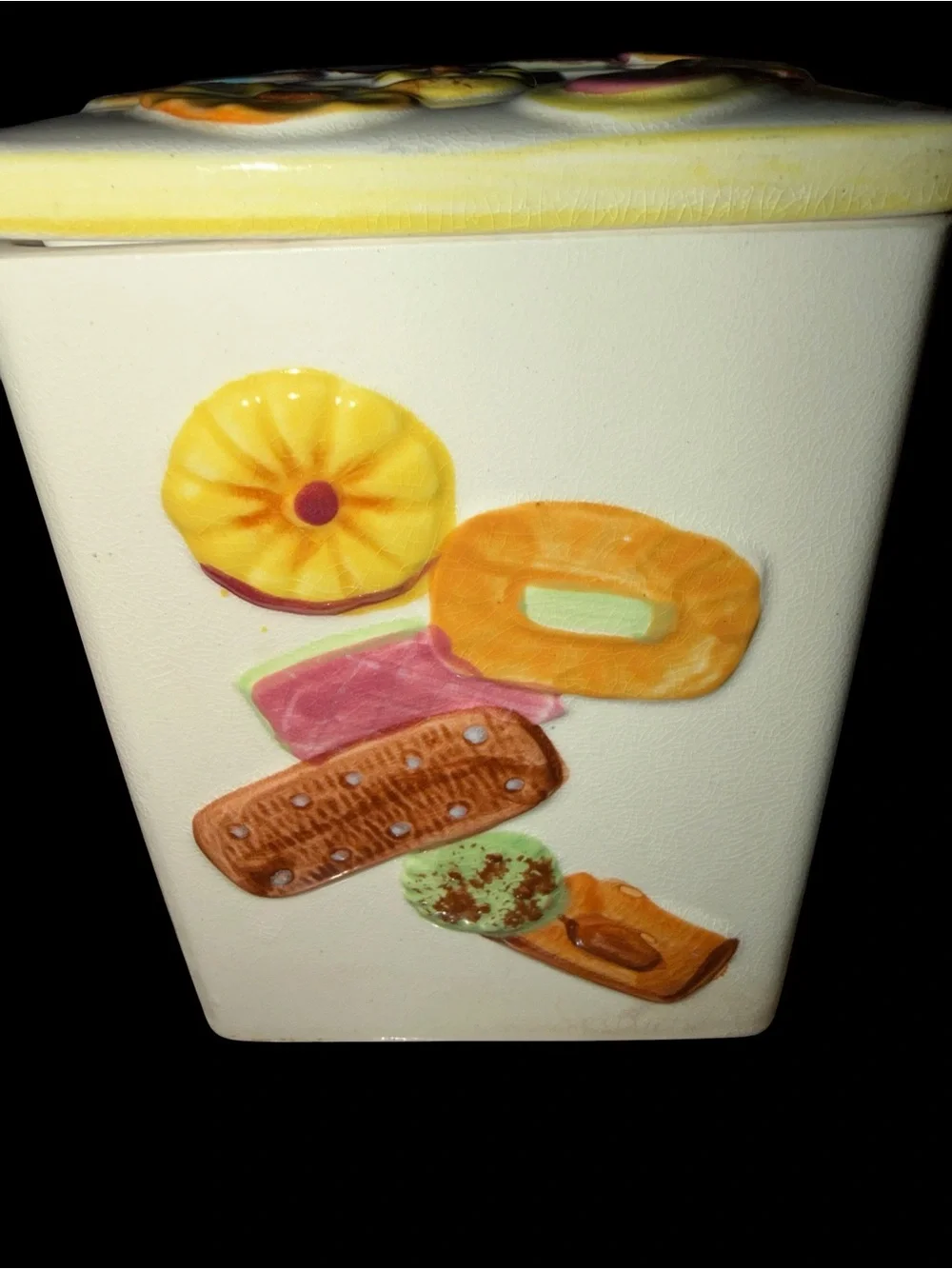 Vintage Retro Japan Cookies Ceramic Cookie Jar - White and Yellow
